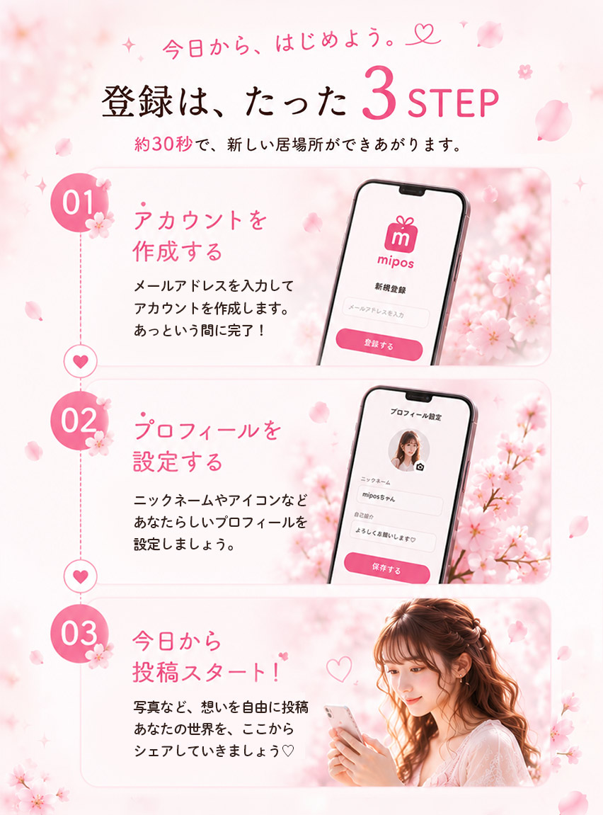 miposの登録は約30秒、アカウント作成・プロフィール設定・投稿開始の3ステップ